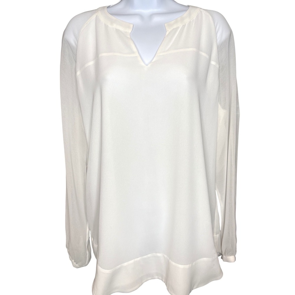 Womens White Split‎ V-Neck Long Sleeve Blouse Mesh Panel Est Sz XL Office Casual